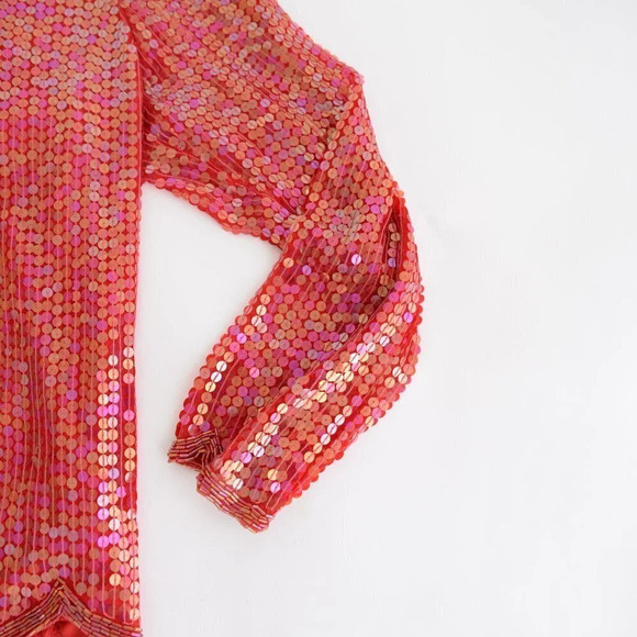 Lord  & Taylor Red Sequin Long Sleeve 100% Silk Shirt with Shoulder Pads Small - Picture 5 of 14